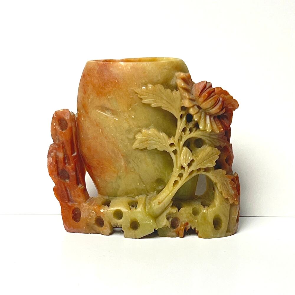 Vintage Chinese Carved Soapstone Brush Pot Vase Vessel Figurine